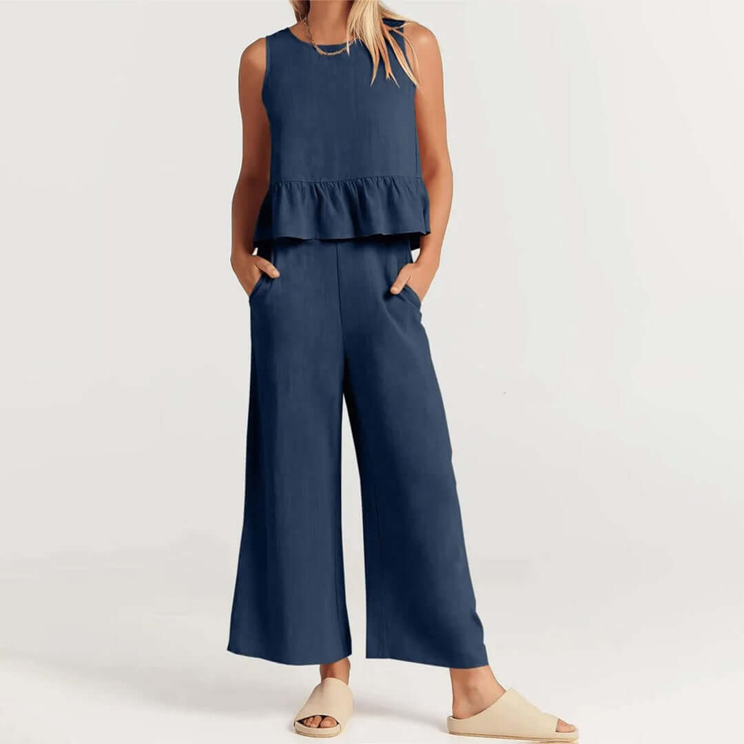 Women's Summer Sleeveless Jumpsuit: Peplum Waist, Wide Leg