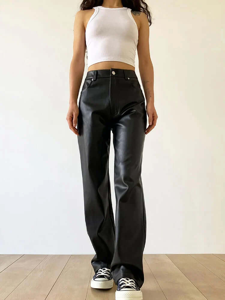Women's High Waist Straight Leg Leather Pants