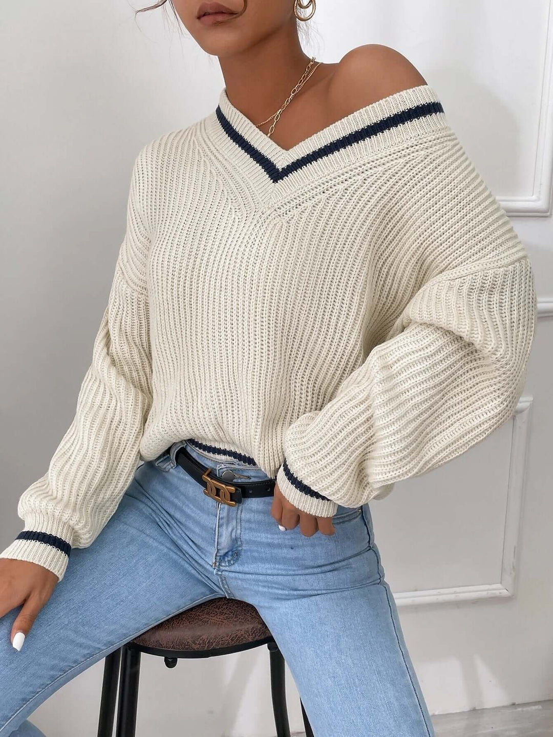 Women's Striped V-Neck Relaxed Fit Sweater