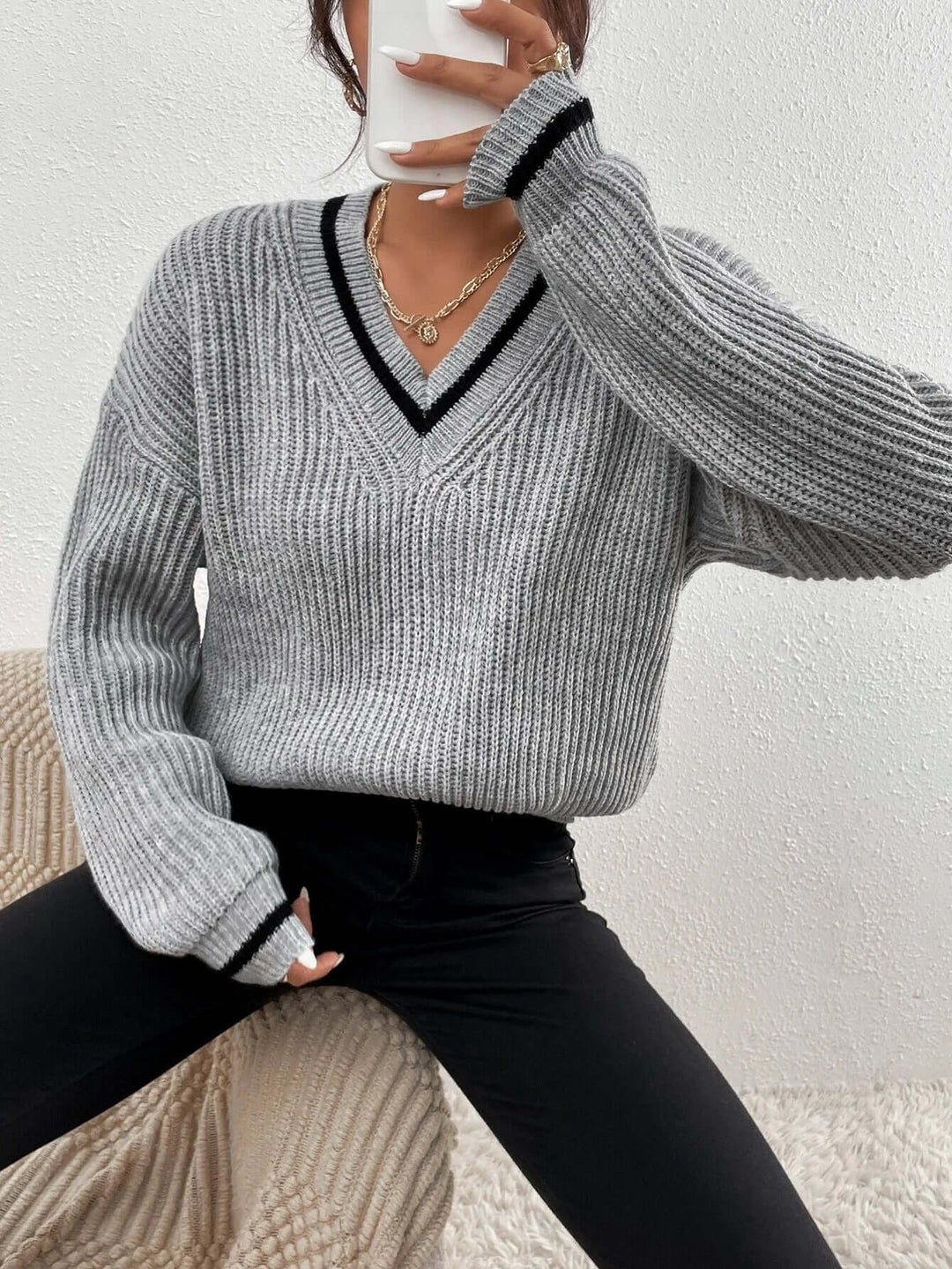 Women's Striped V-Neck Relaxed Fit Sweater