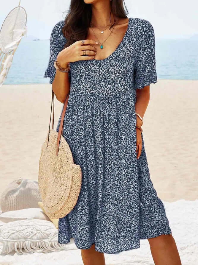 Women's Floral Midi Summer Dress, V-Neck Short Sleeve Relaxed Fit