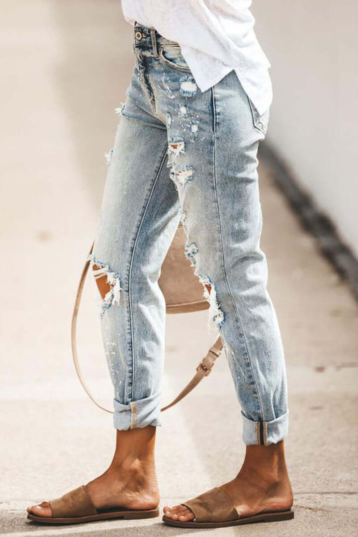 Women's High-Waisted Straight Leg Jeans: Distressed Ripped Denim