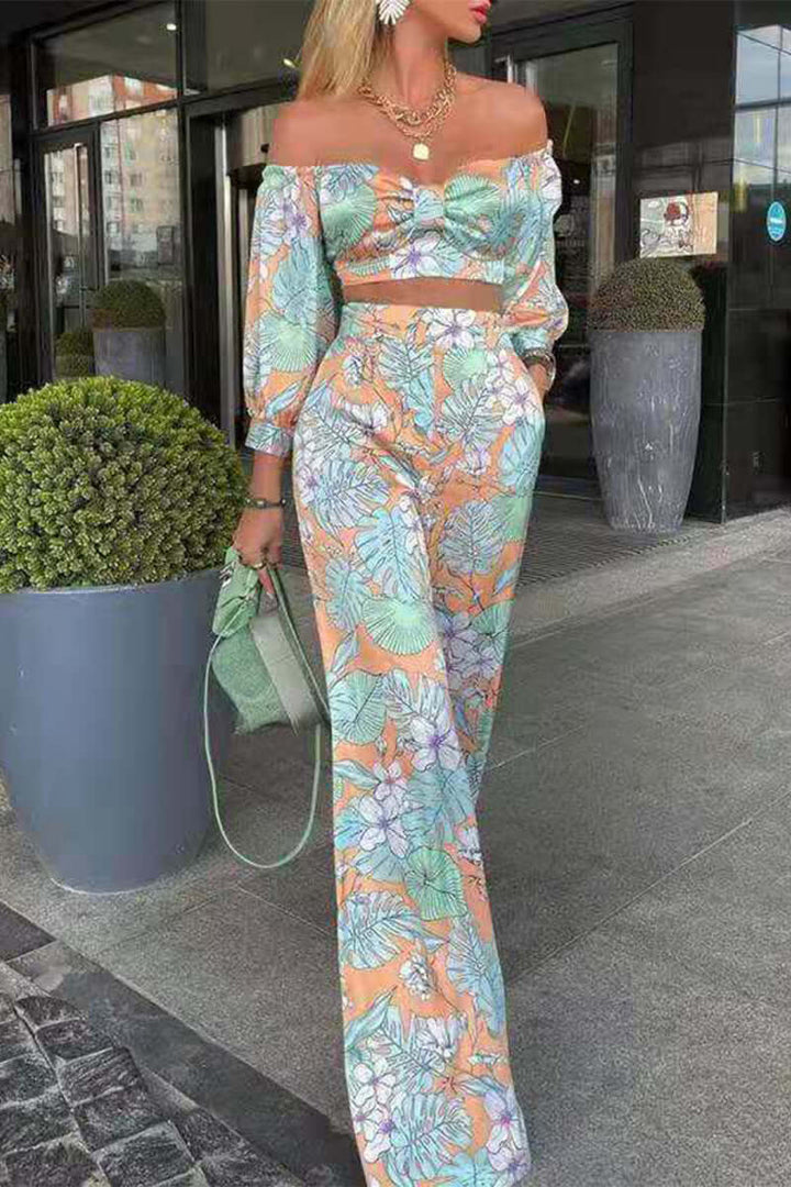 Women's Floral Off-Shoulder Top & Wide Leg Pants Set