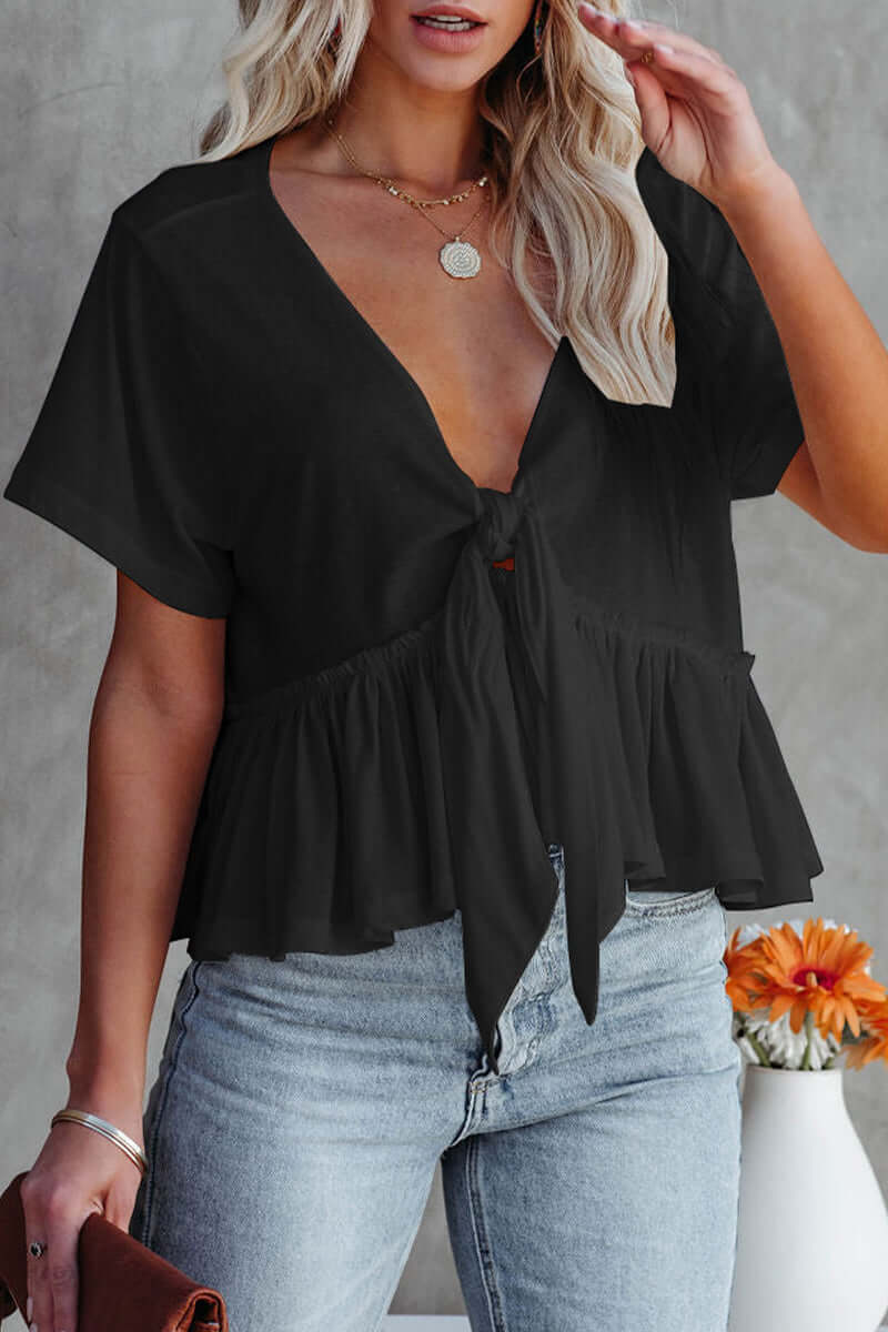 Women's V-Neck Bow Front Blouse - Daily Wear Top