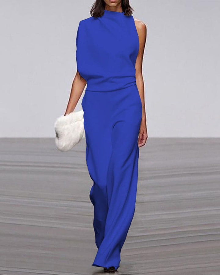 Women's Sleeveless Wide Leg Jumpsuit: Mock Neck Elegance