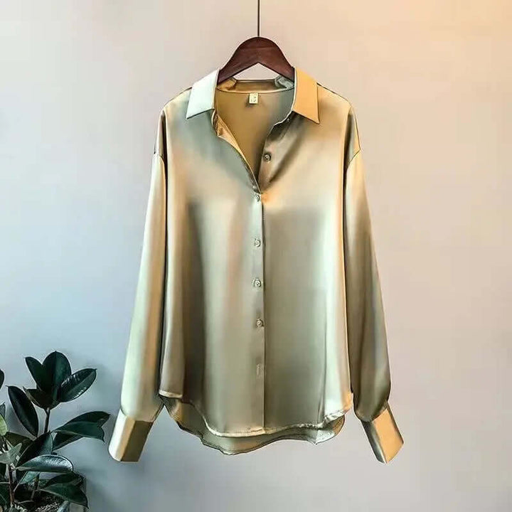 Women's Satin Long-Sleeve Blouse: Relaxed Fit, Button-Down