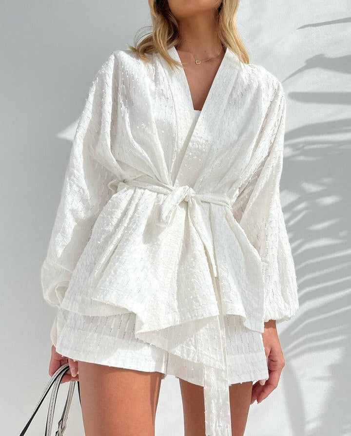 Women's Long Sleeve Kimono Top & Shorts Set