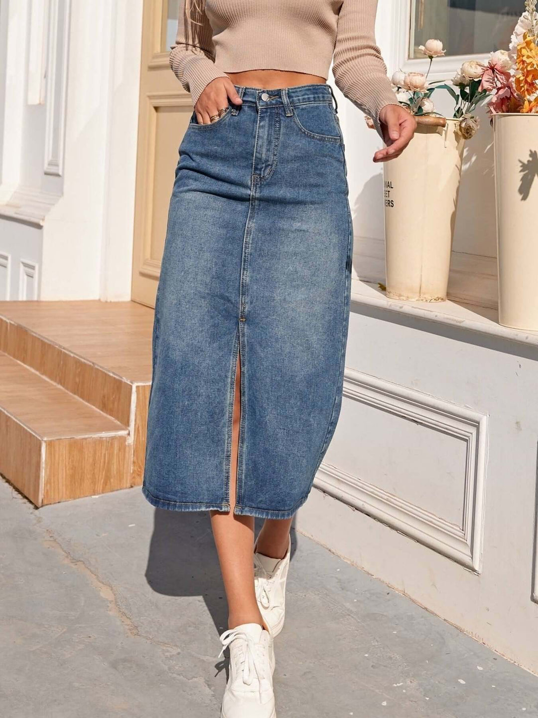 Women's High Waist Denim Midi Skirt with Front Slit