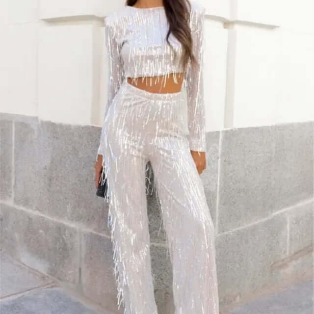 Sequin Crop Top & High-Waisted Pants Set
