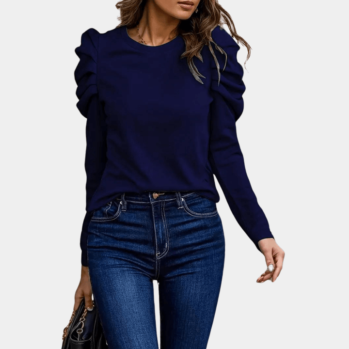 Women's Puff Sleeve Blouse: Fitted, Round Neck, Button Cuff