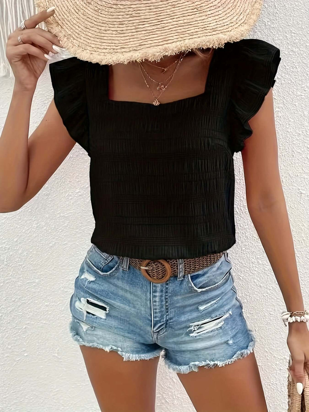 Women's Smocked Square-Neck Flutter Sleeve Top