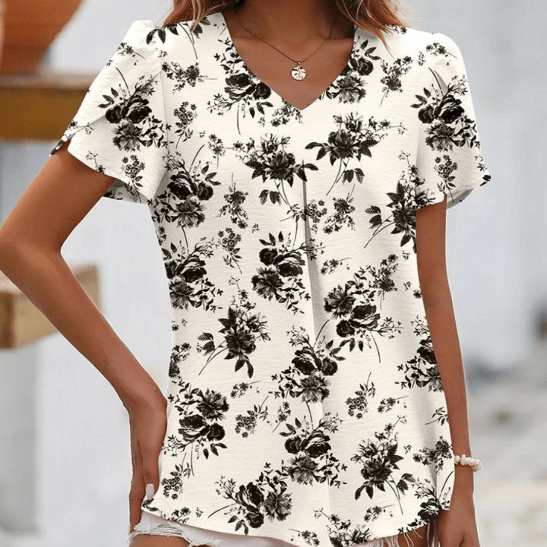 Women's V-Neck Pleated Blouse: Loose Fit, Short Sleeve, Casual Top