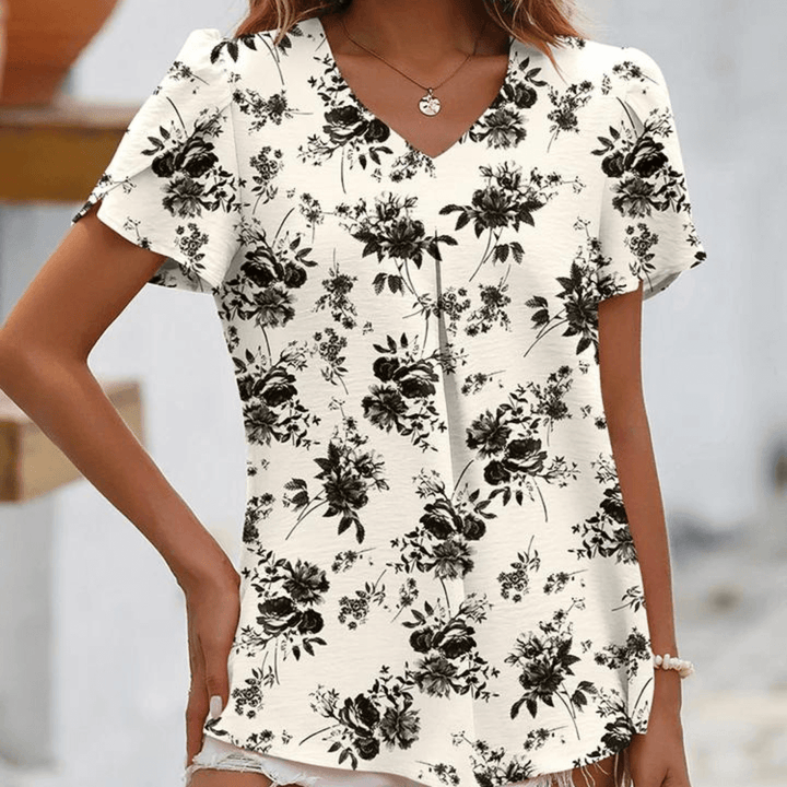 Women's V-Neck Pleated Blouse: Loose Fit, Short Sleeve, Casual Top