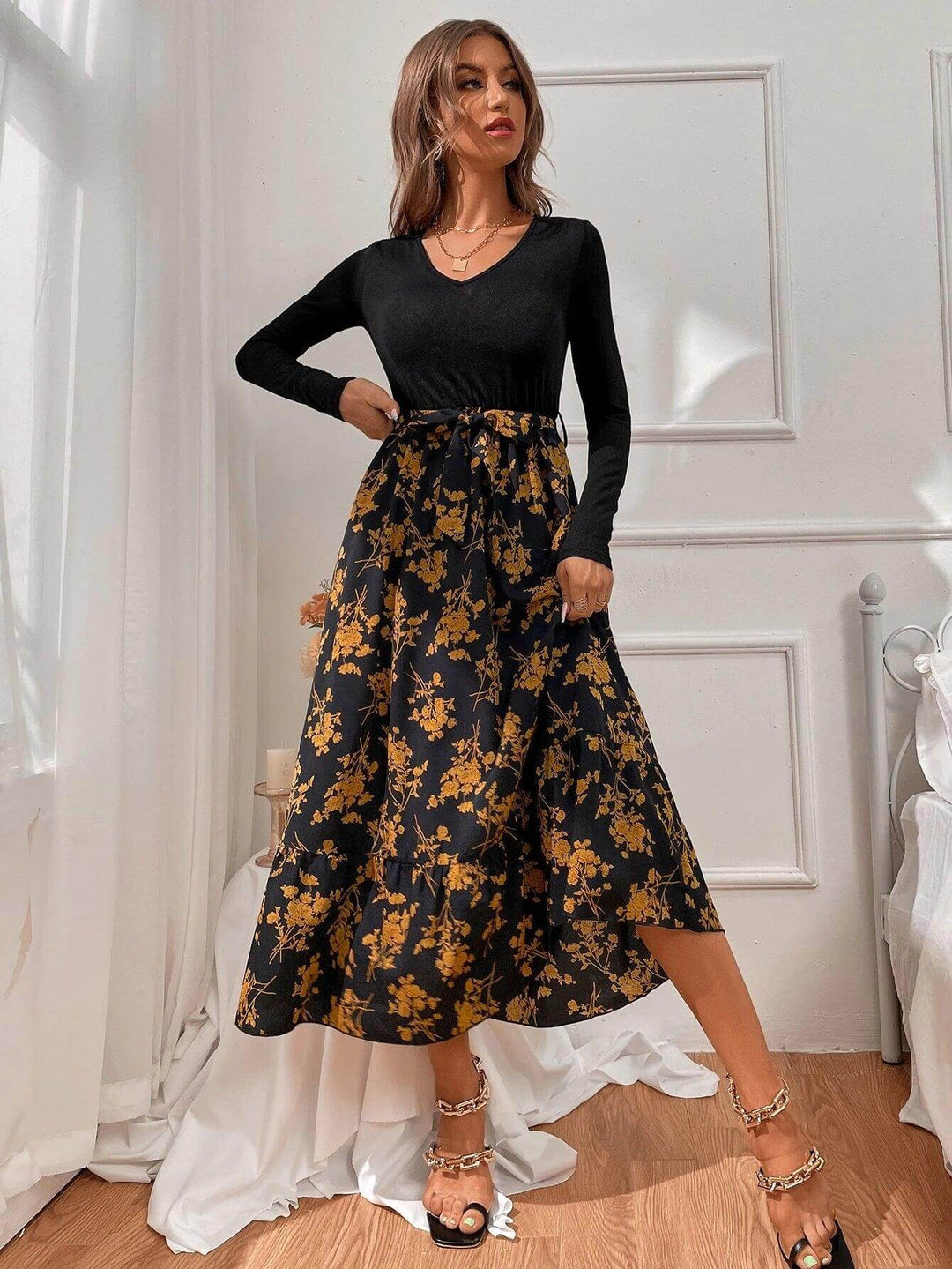Floral A-Line Long Sleeve Women's Dress