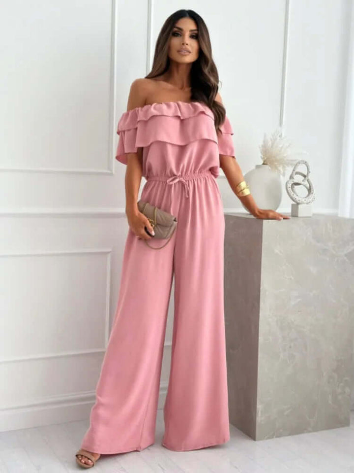 Women's Wide Leg Jumpsuit: Off-Shoulder, Ruffled Neckline
