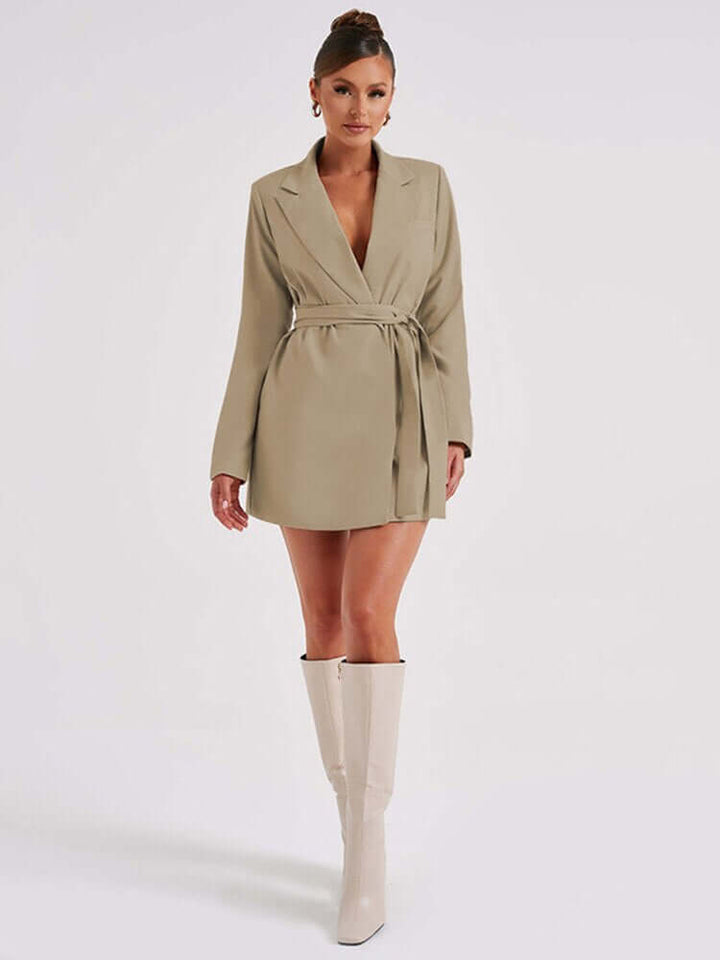 Women's Mini Blazer Dress: Tailored V-Neck, Long Sleeve