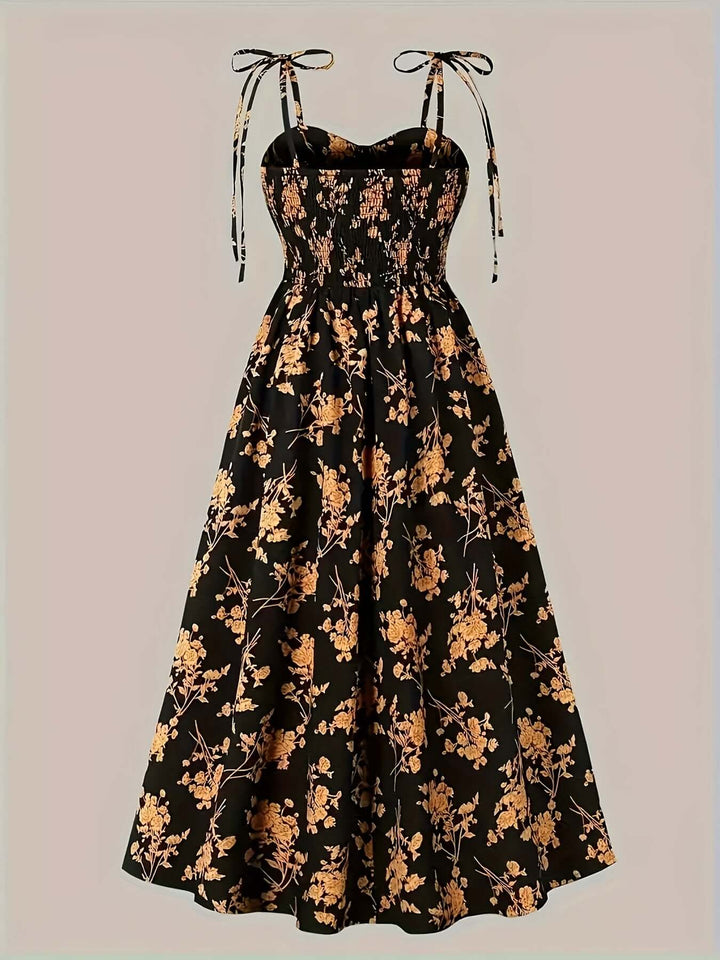 Women's Floral Print Midi Summer Dress with Tie Straps