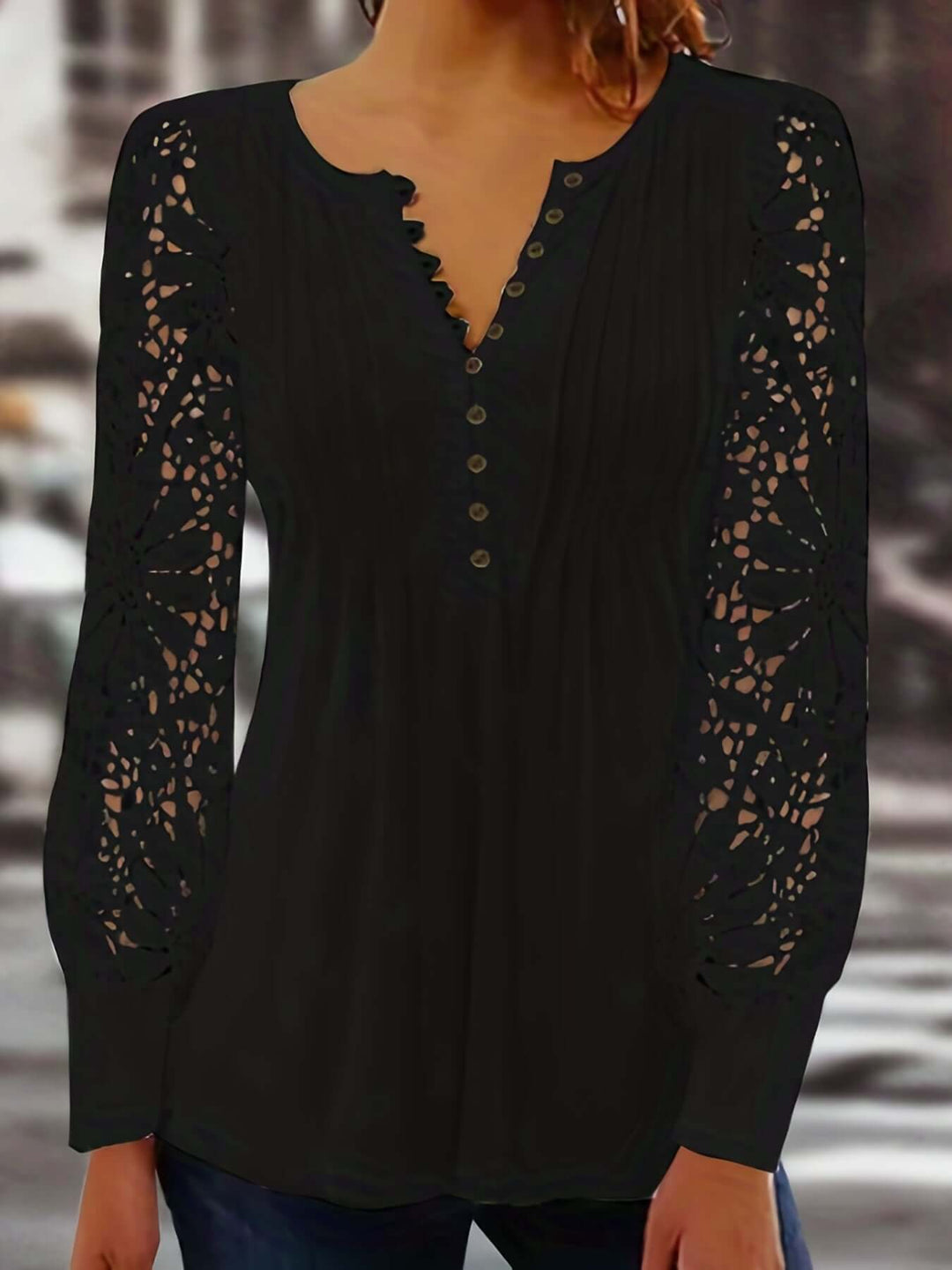 Women's Relaxed Fit Blouse: Lace Sleeves & Pintuck Detail