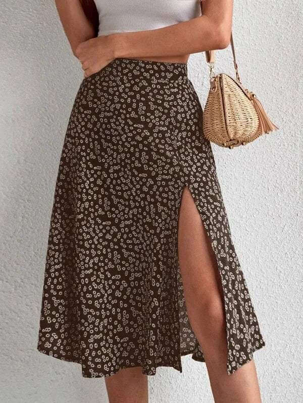 Women's Floral Print Midi Skirt: High Waisted A-Line