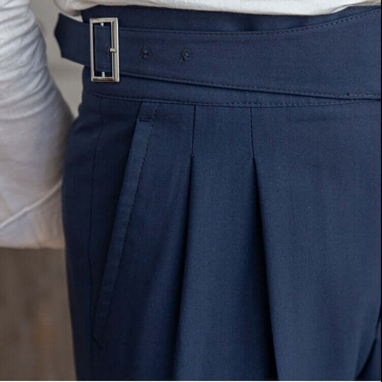 Men's High-Waisted Tailored Trousers: Pleated Front, Adjustable Buckle