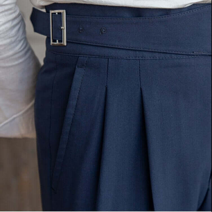 Men's High-Waisted Tailored Trousers: Pleated Front, Adjustable Buckle
