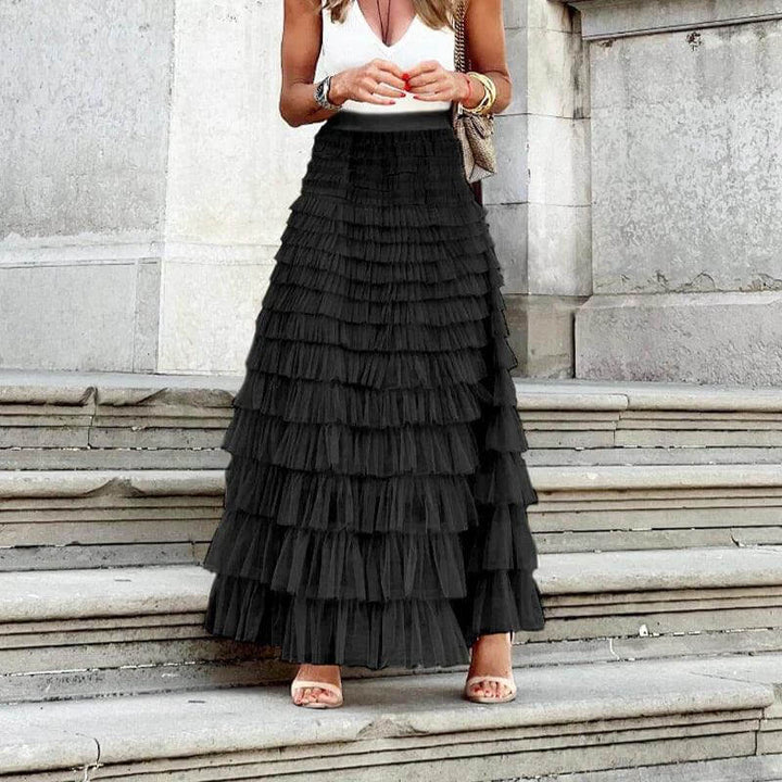 Elegant Pleated Mesh Midi Skirt: Women's Ruffle Detail Skirt