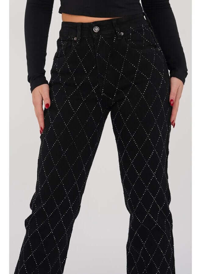 Women's Straight Leg Jeans: Diamond Pattern, Button Fly