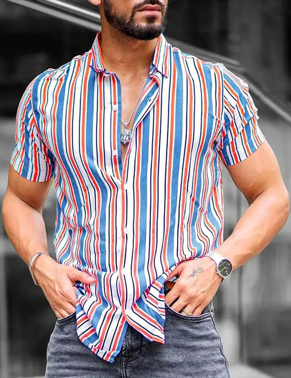 Men's Striped Short-Sleeve Shirt: Breathable & Classic Fit