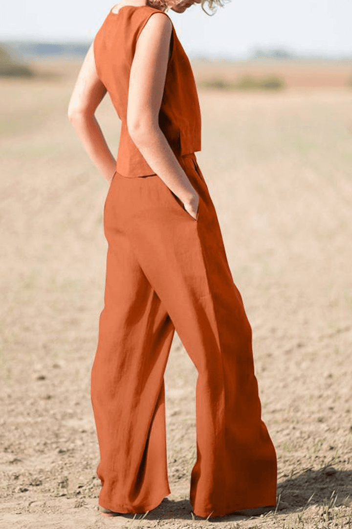 Women's Casual Loose Round Neck Top & Wide Leg Pants Set
