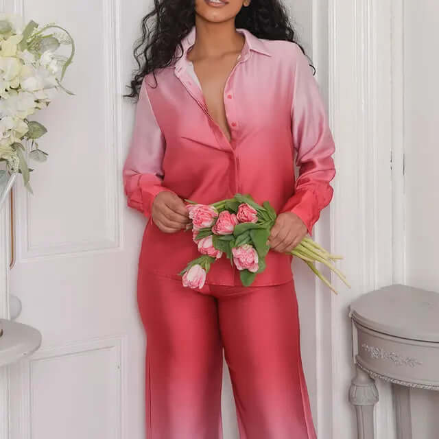 Women's Wide-Leg Satin Jumpsuit: Button-Down Long Sleeve