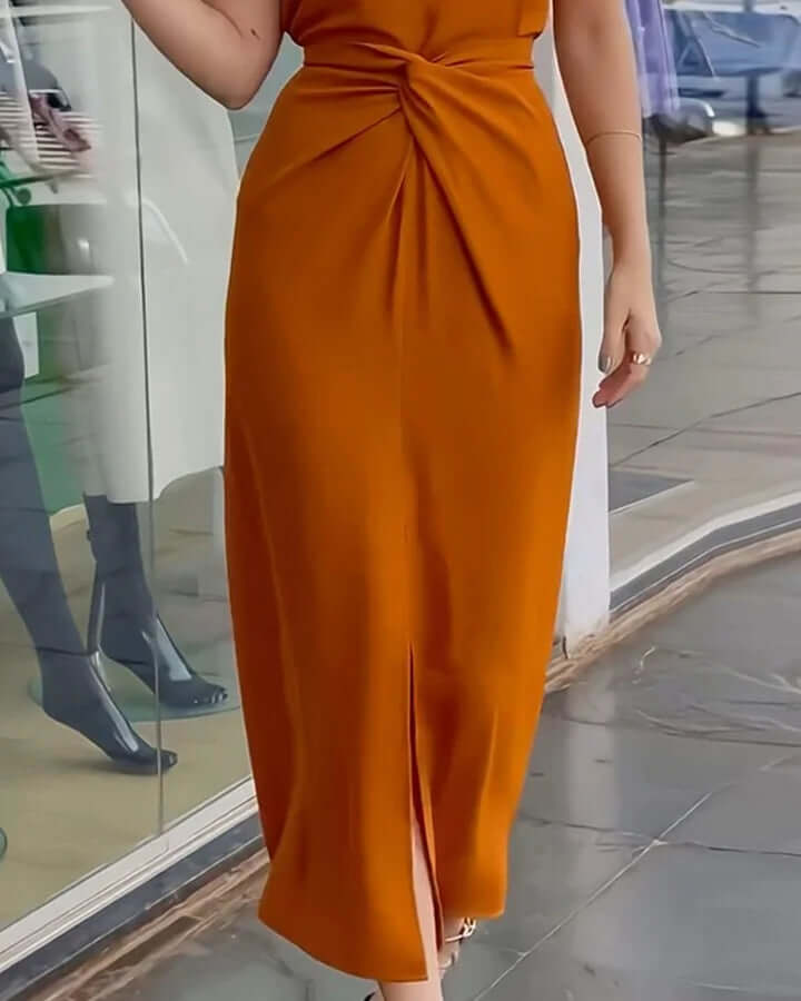 Women's Halter Neck Midi Dress with Twist Knot & Slit