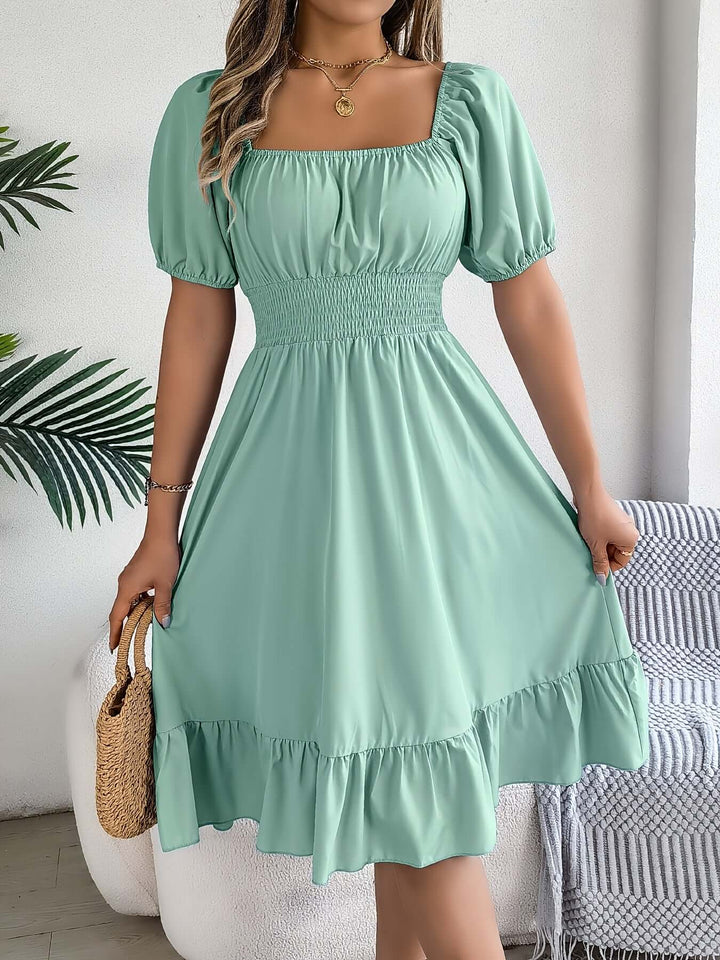 Women's Puff Sleeve Midi Dress with Smocked Bodice
