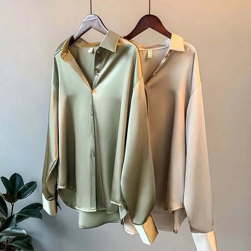 Women's Satin Long-Sleeve Blouse: Relaxed Fit, Button-Down