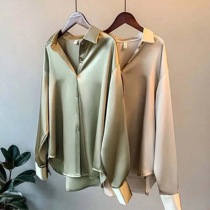 Women's Satin Long-Sleeve Blouse: Relaxed Fit, Button-Down
