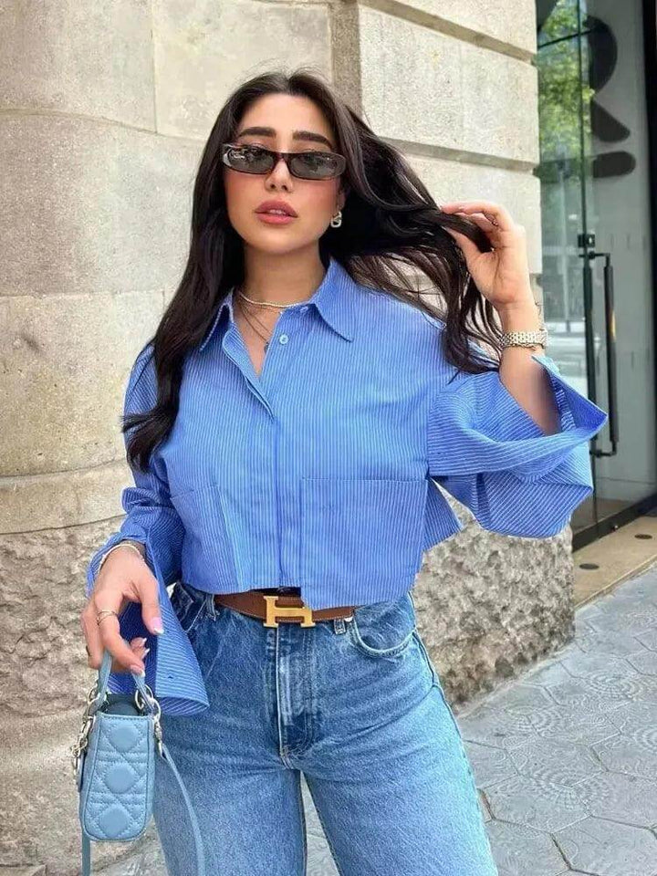 Women's Striped Long-Sleeve Button-Up Blouse