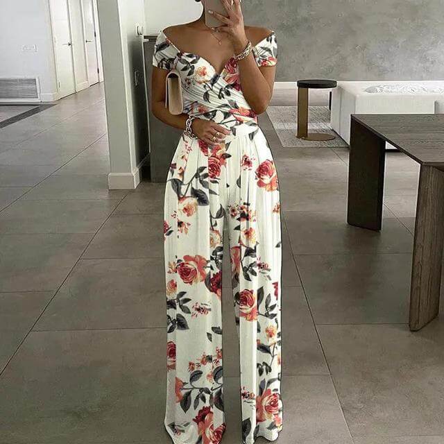 Women's Floral Wide Leg Jumpsuit: Off-Shoulder Wrap