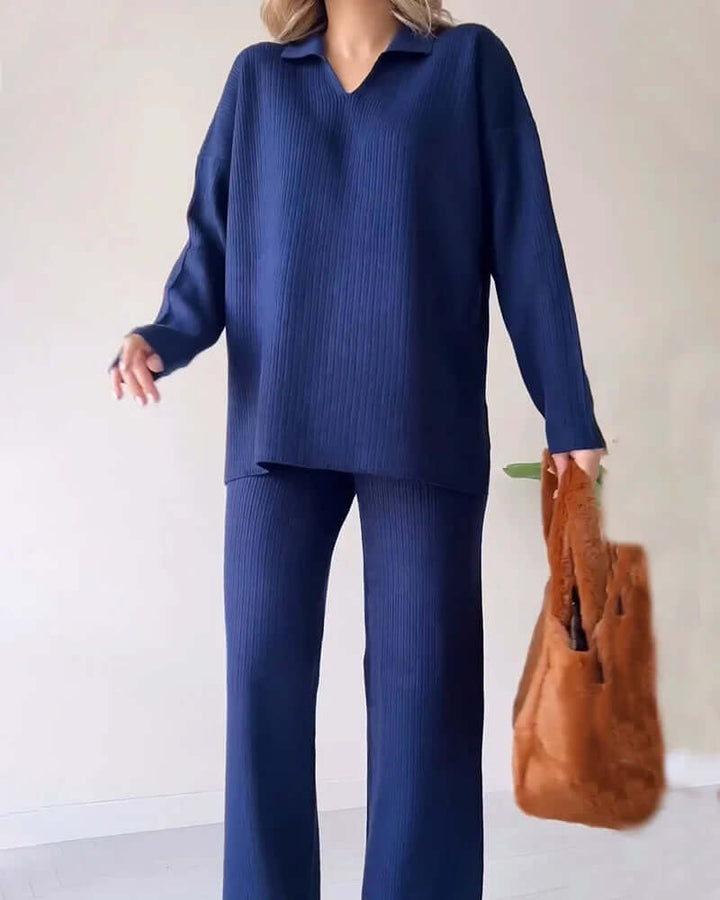 Women's Cozy Knit Loungewear Set: V-Neck Top & Flared Pants