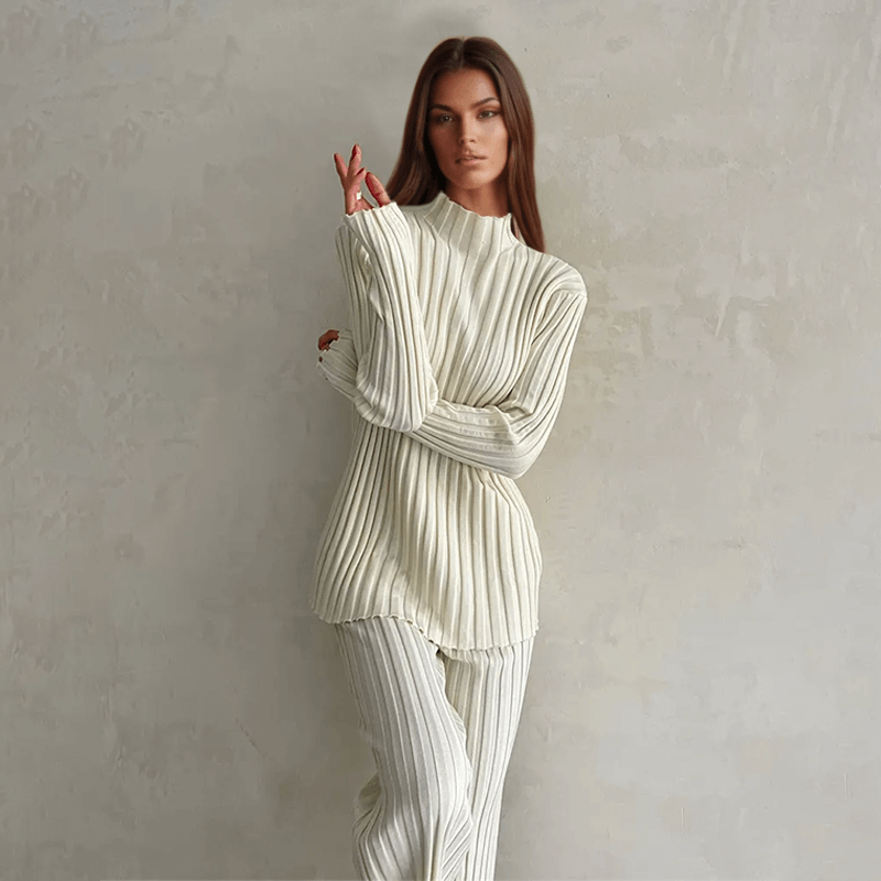 Women's Ribbed Knit Turtleneck Top & Trousers Set