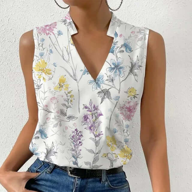 Women's Summer Sleeveless V-Neck Printed Blouse