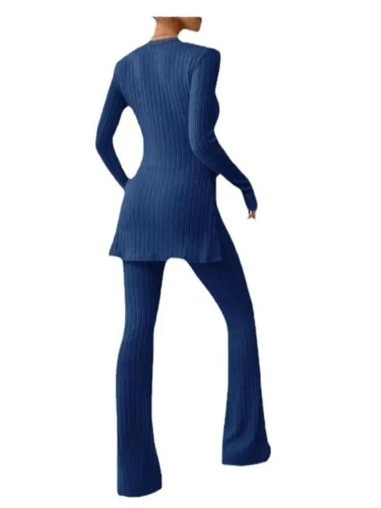 Women's Ribbed Knit Set: Long Sleeve Top & Flared Trousers