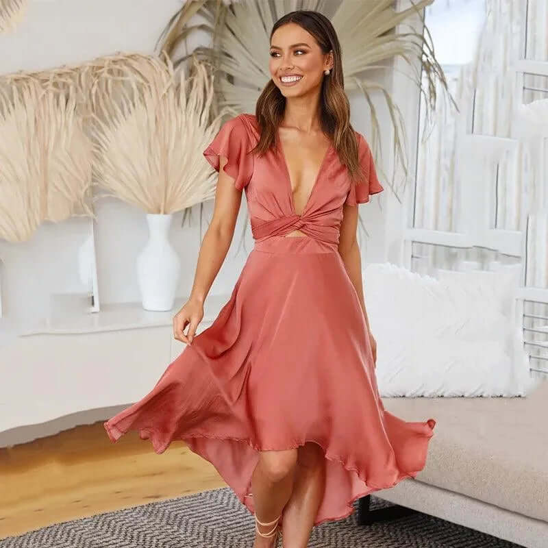 Women's Midi Wrap Dress: V-Neck, Short Sleeves, Asymmetrical Hem
