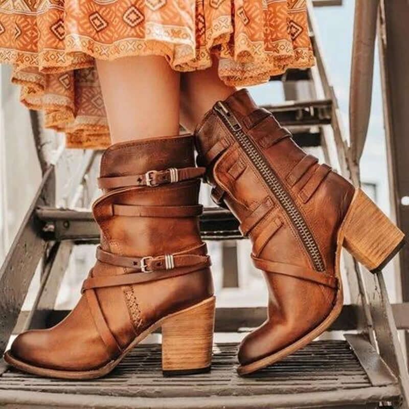 Women's Leather Ankle Boots with Chunky Heel