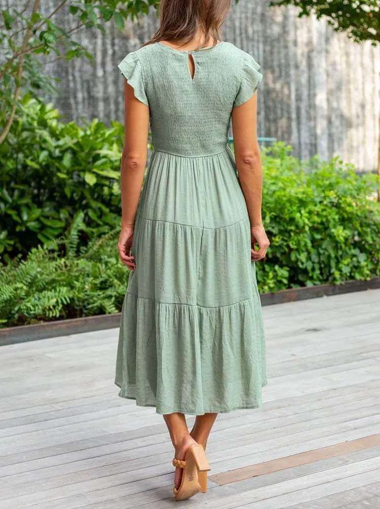 Women's A-Line Midi Dress with Flutter Sleeves