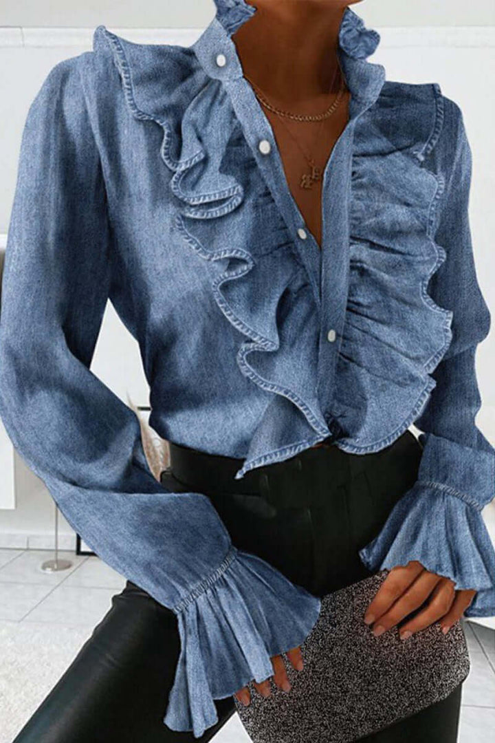 Women's Checkered V-Neck Long-Sleeve Blouse