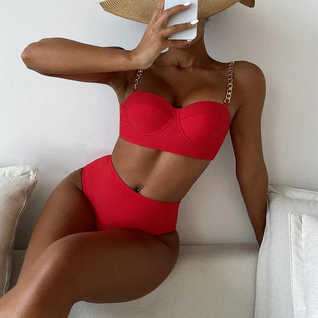 Women's High-Waisted Padded Bikini Set with Chain Detail