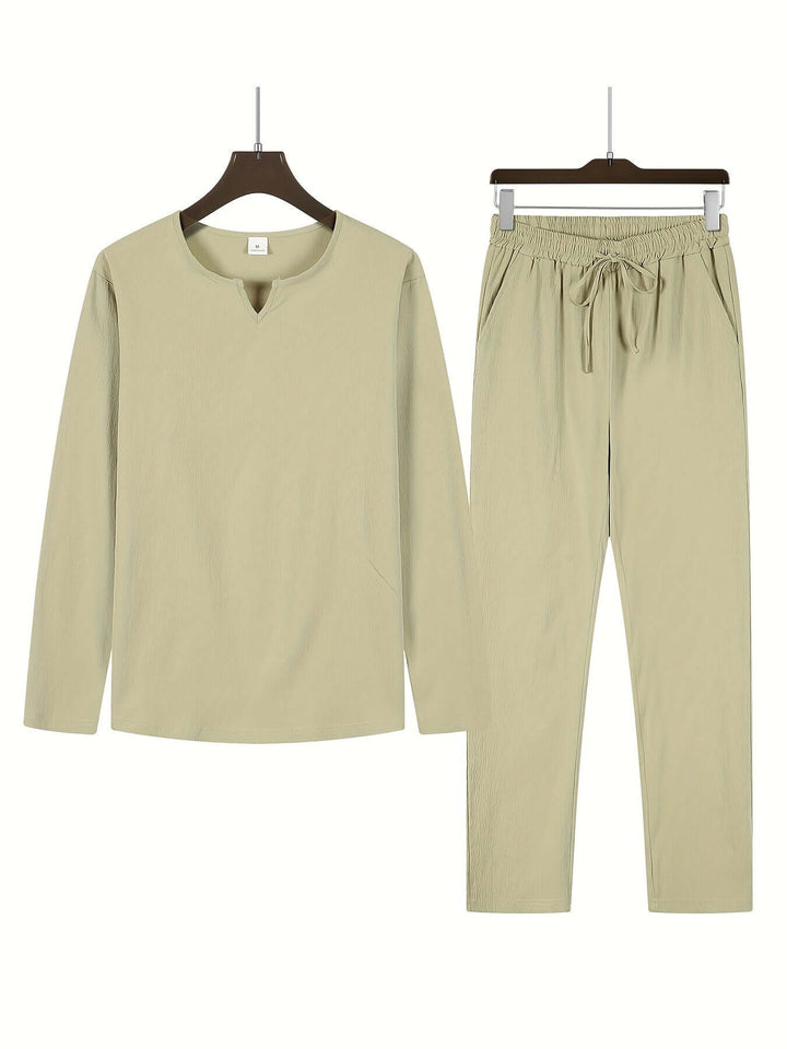 Men's Casual Two-Piece Outfit: V-Neck Top & Relaxed Trousers