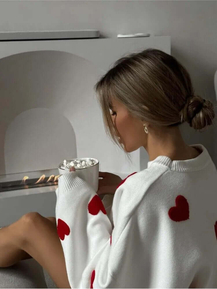 Women's Heart Print Loose Fit Sweater