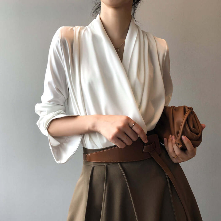 Women's Long-Sleeve Pleated Drape Blouse