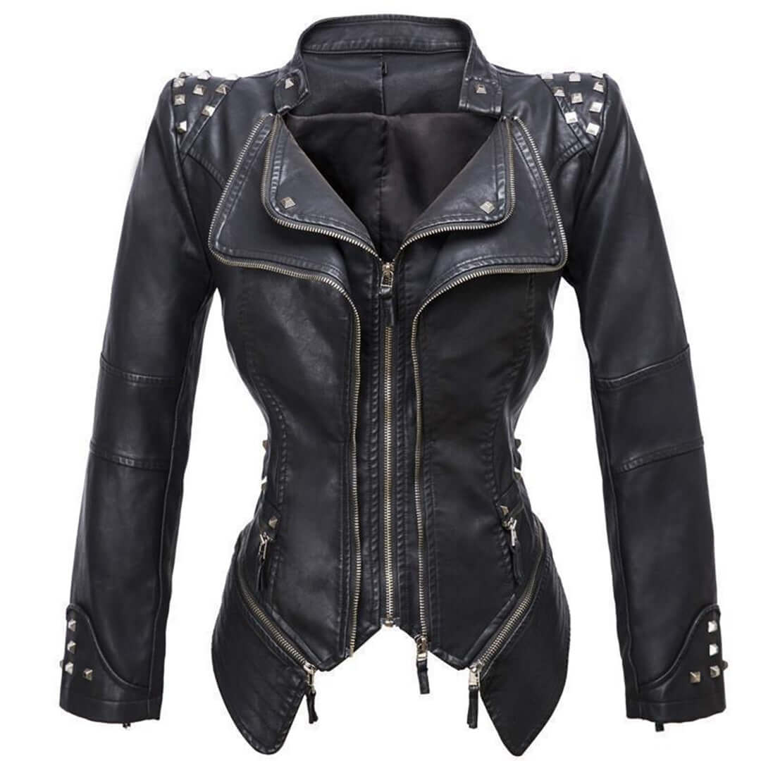 Women's Fitted Biker Leather Jacket with Studded Detail