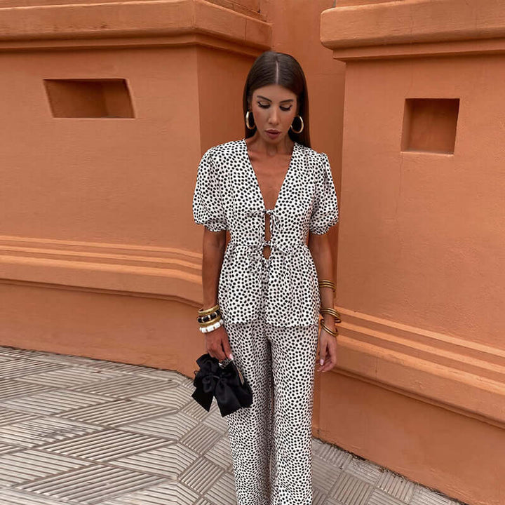 Women's Boho Chic Two-Piece Set: Puff Sleeve Top & Wide Leg Pants
